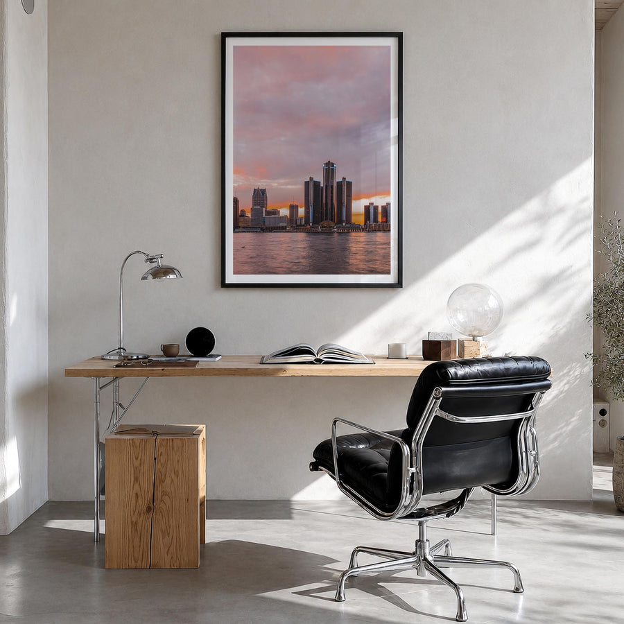 Detroit no. 2 colorful photo poster of Michigan, USA – vertical wall art in black wood frame with white border, hanging on wa