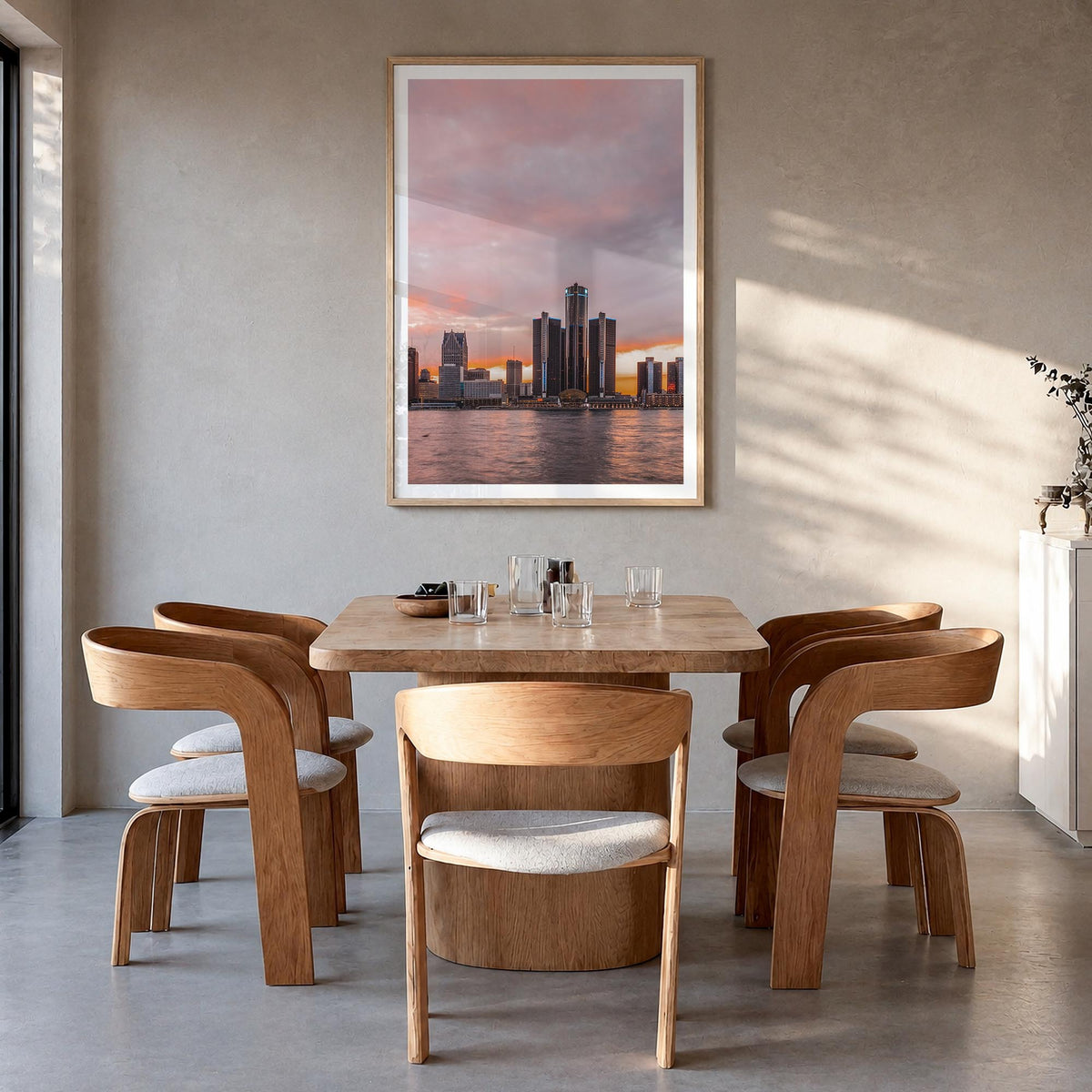 Detroit no. 2 colorful photo poster of Michigan, USA – vertical wall art in natural wood frame with white border, hanging on 