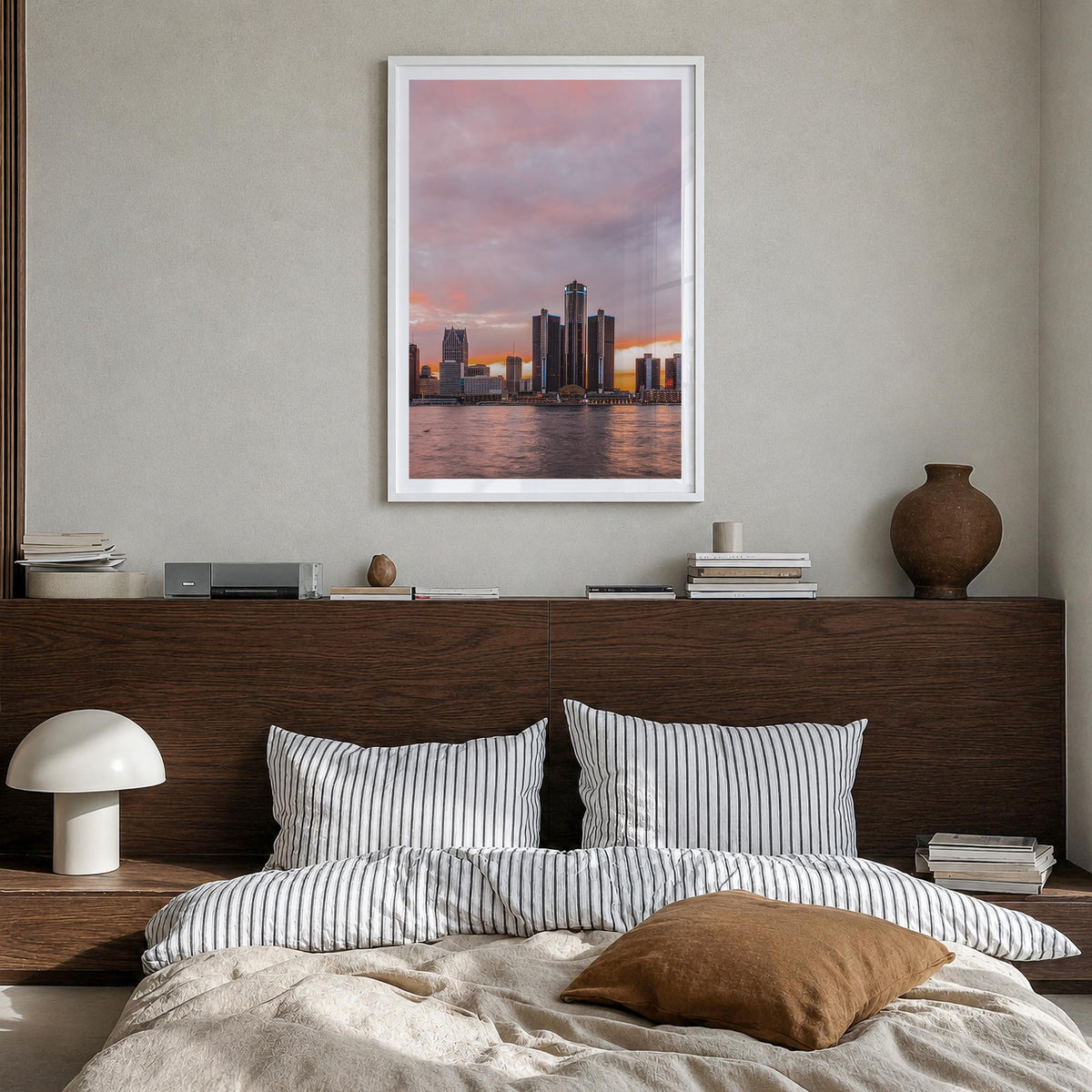 Detroit no. 2 colorful photo poster of Michigan, USA – vertical wall art in white wood frame with white border, hanging on wa