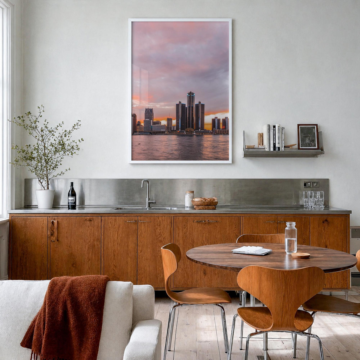 Detroit no. 2 colorful photo poster of Michigan, USA – vertical wall art in white wood frame, hanging on wall