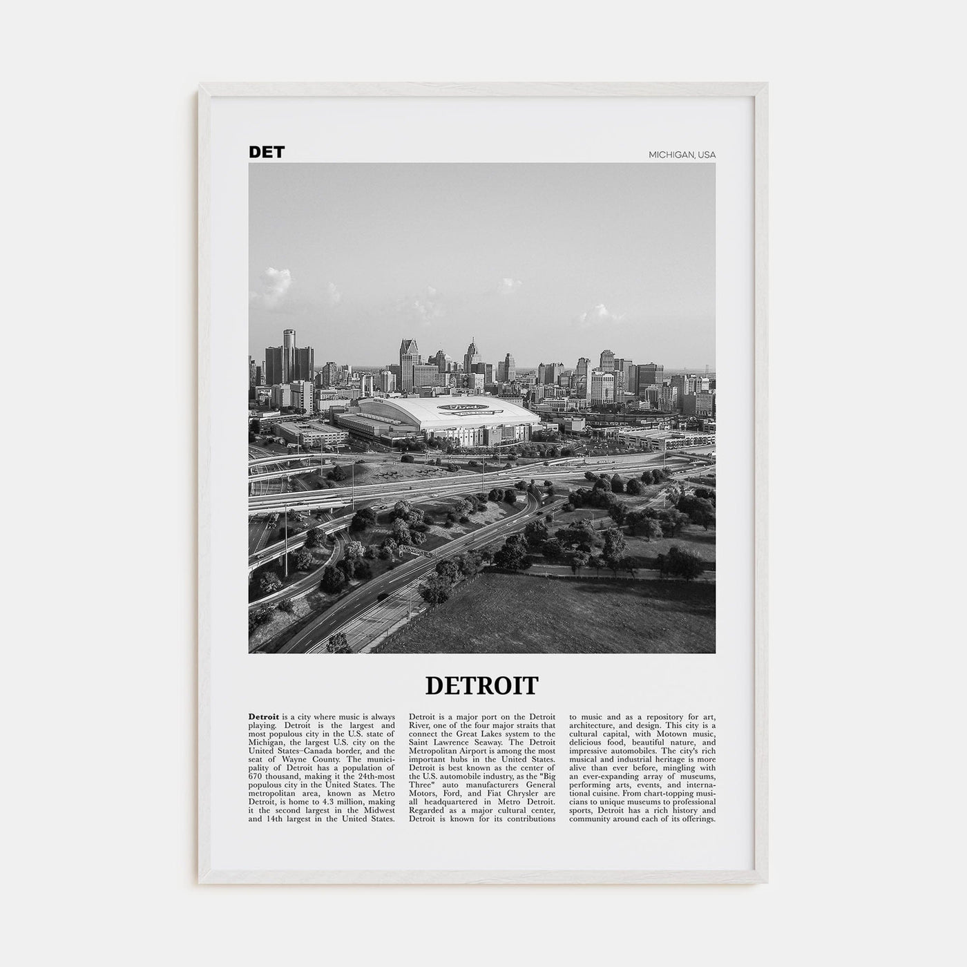 Detroit No 2 Poster White Wood / 8x12 in Nbourhood Travel B&W Poster