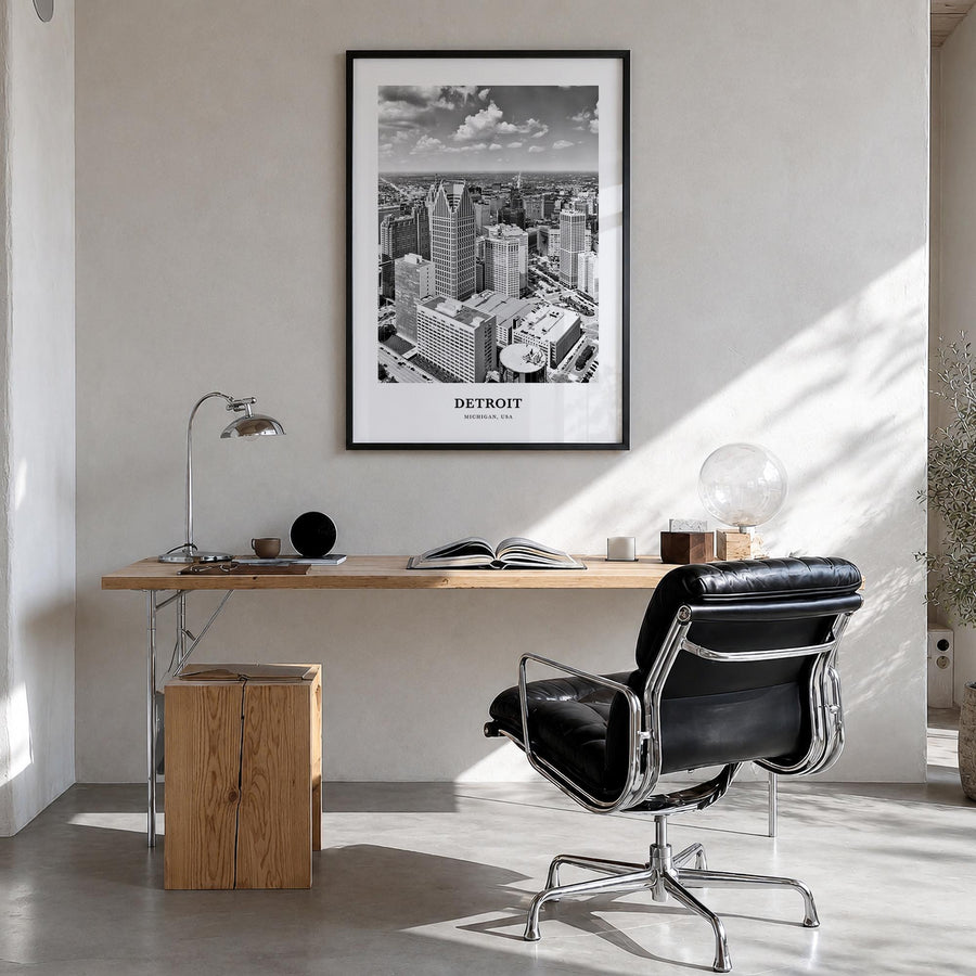 Detroit no. 3 black & white classic poster of Michigan, USA – vertical wall art in black wood frame, hanging on wall