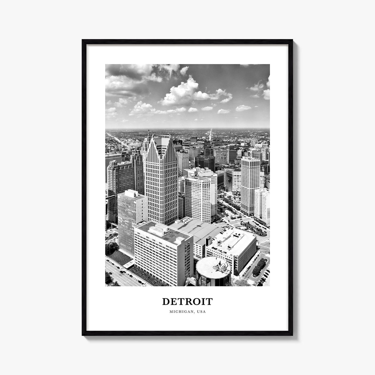 Detroit no. 3 black & white classic poster of Michigan, USA – vertical wall art, unframed print shown in interior mockup