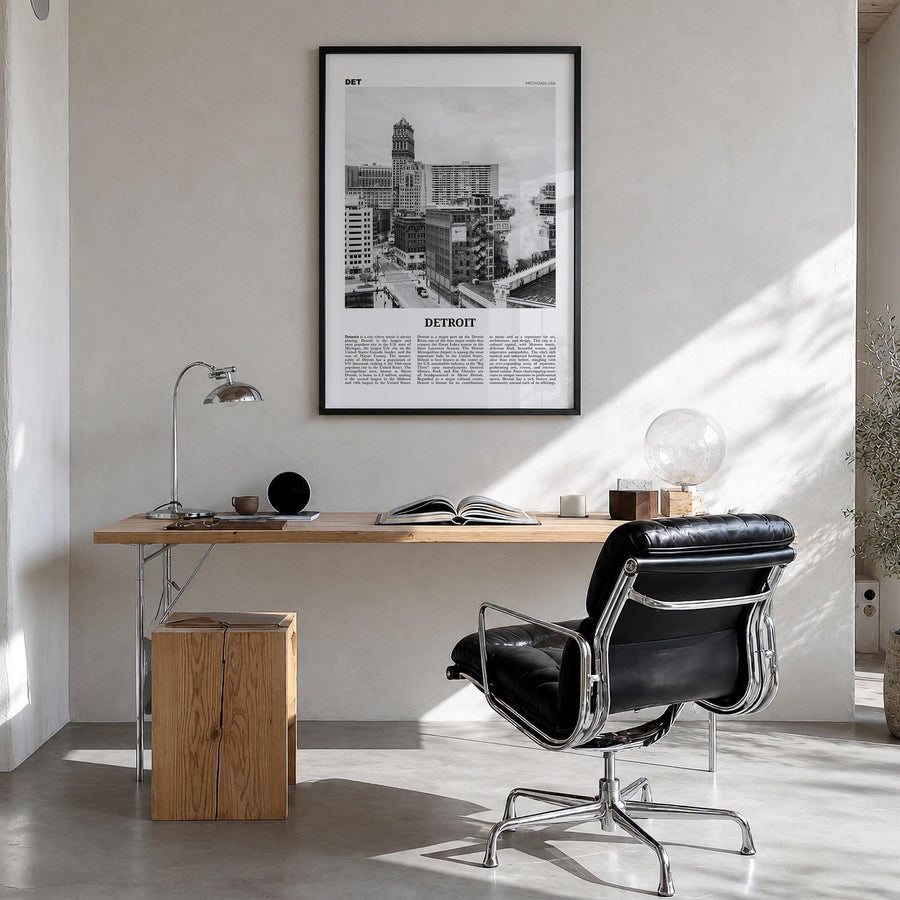 Detroit no. 3 black & white newspaper poster of Michigan, USA – vertical wall art in black wood frame, hanging on wall
