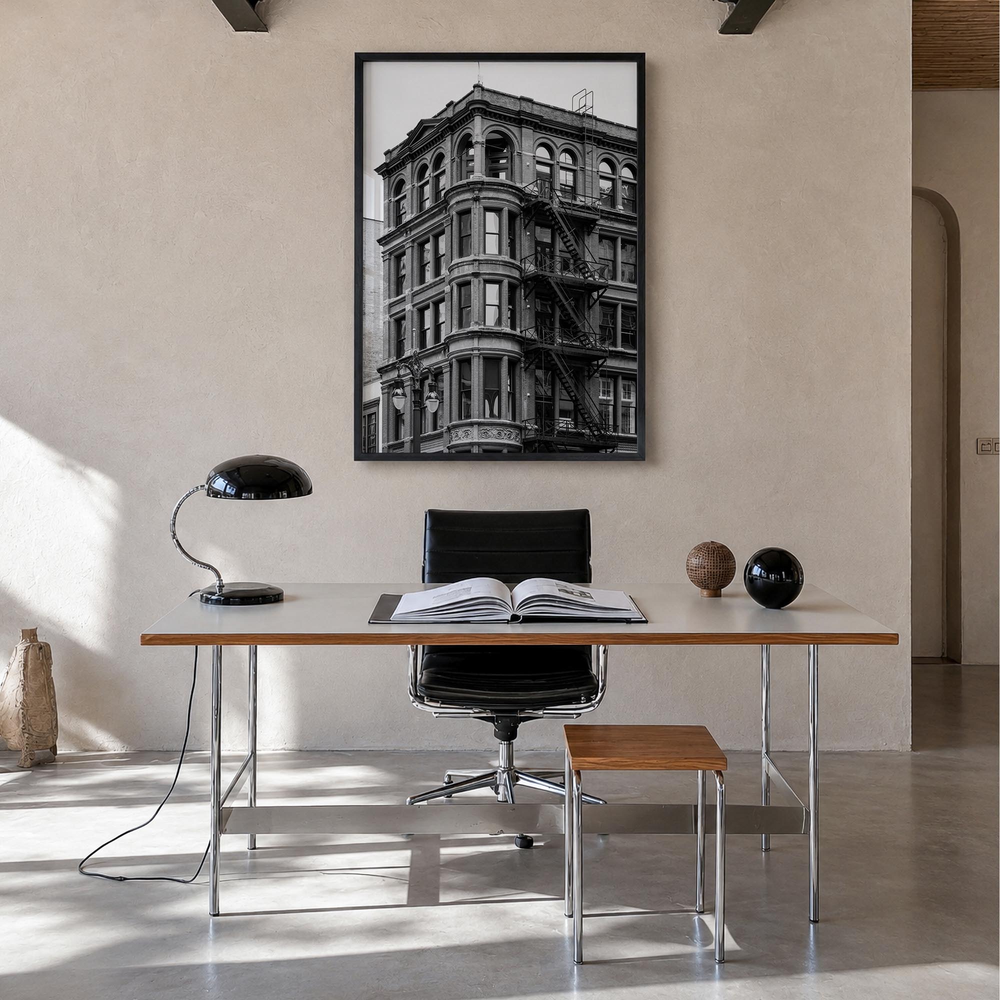 Detroit no. 3 black & white photo poster of Michigan, USA – vertical wall art in black wood frame, hanging on wall