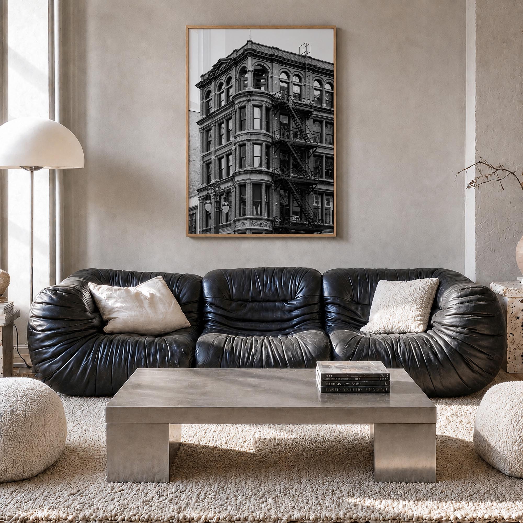 Detroit no. 3 black & white photo poster of Michigan, USA – vertical wall art in natural wood frame, hanging on wall