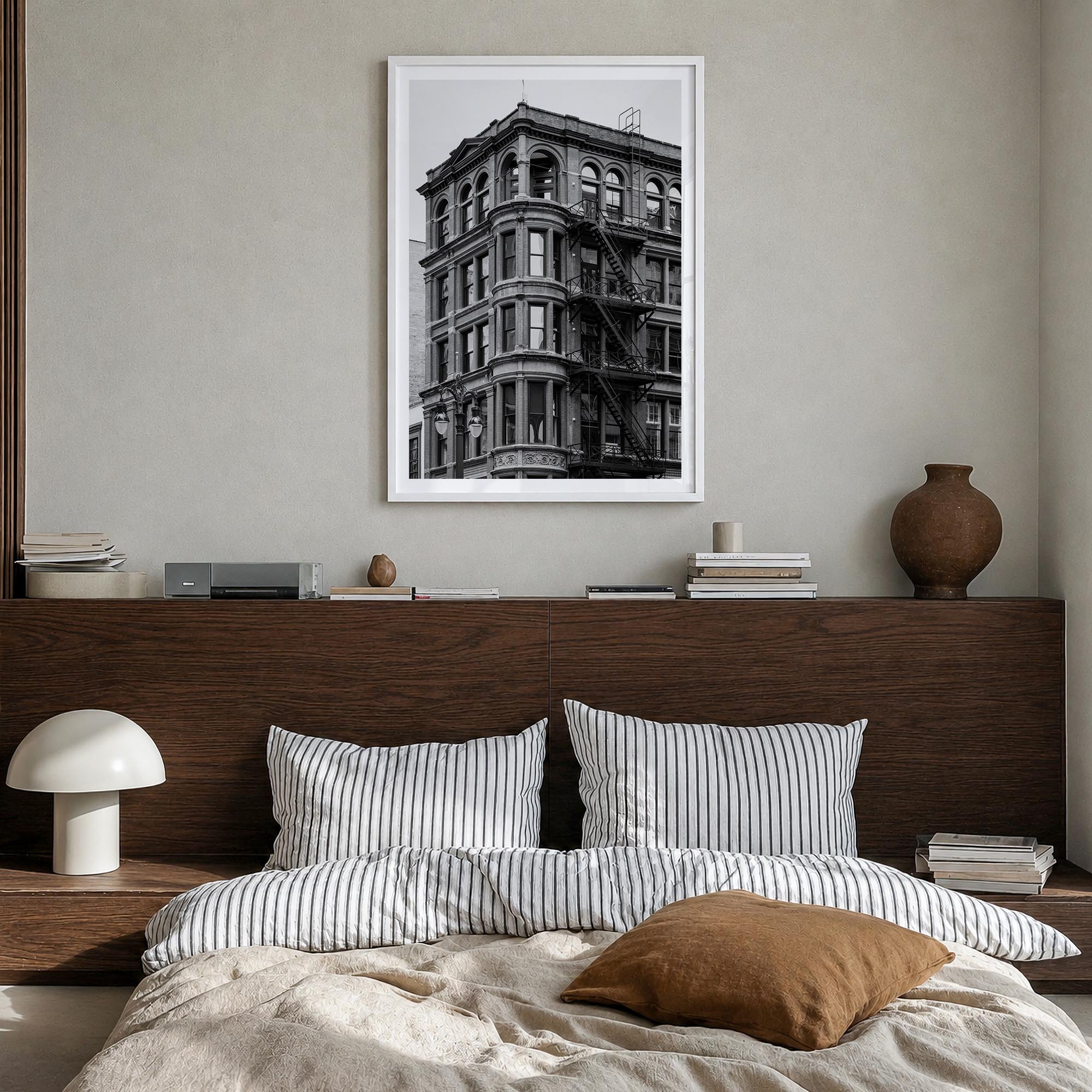 Detroit no. 3 black & white photo poster of Michigan, USA – vertical wall art in white wood frame with white border, hanging 
