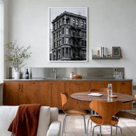 Detroit no. 3 black & white photo poster of Michigan, USA – vertical wall art in white wood frame, hanging on wall