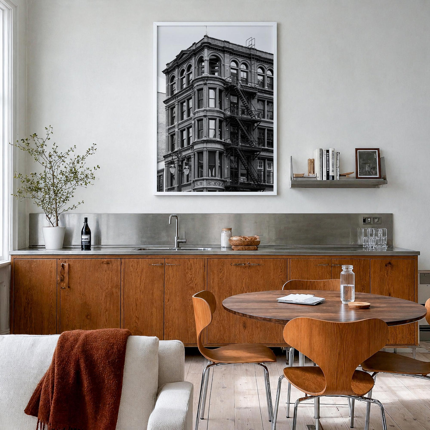 Detroit no. 3 black & white photo poster of Michigan, USA – vertical wall art in white wood frame, hanging on wall