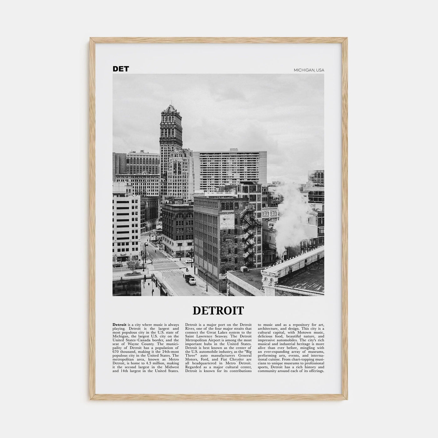 Detroit No 3 Poster Natural Wood / 8x12 in Nbourhood Travel B&W Poster