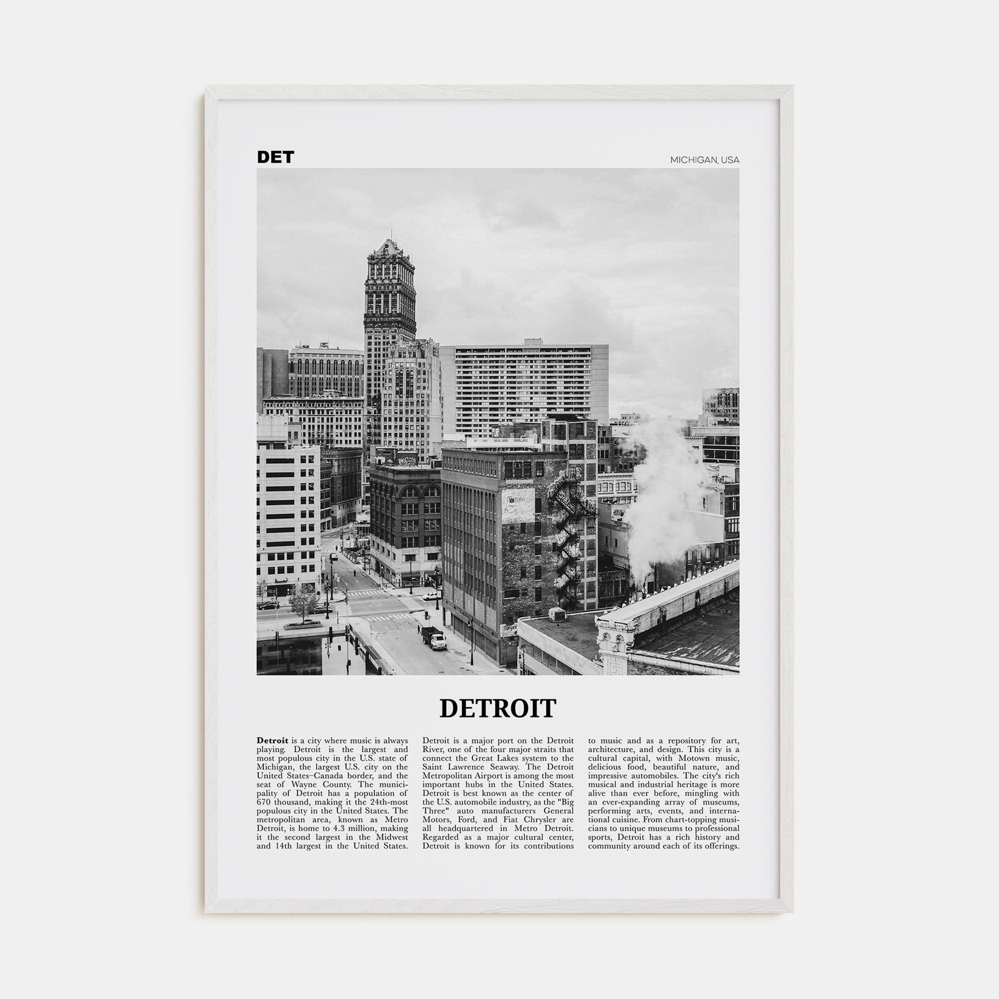 Detroit No 3 Poster White Wood / 8x12 in Nbourhood Travel B&W Poster