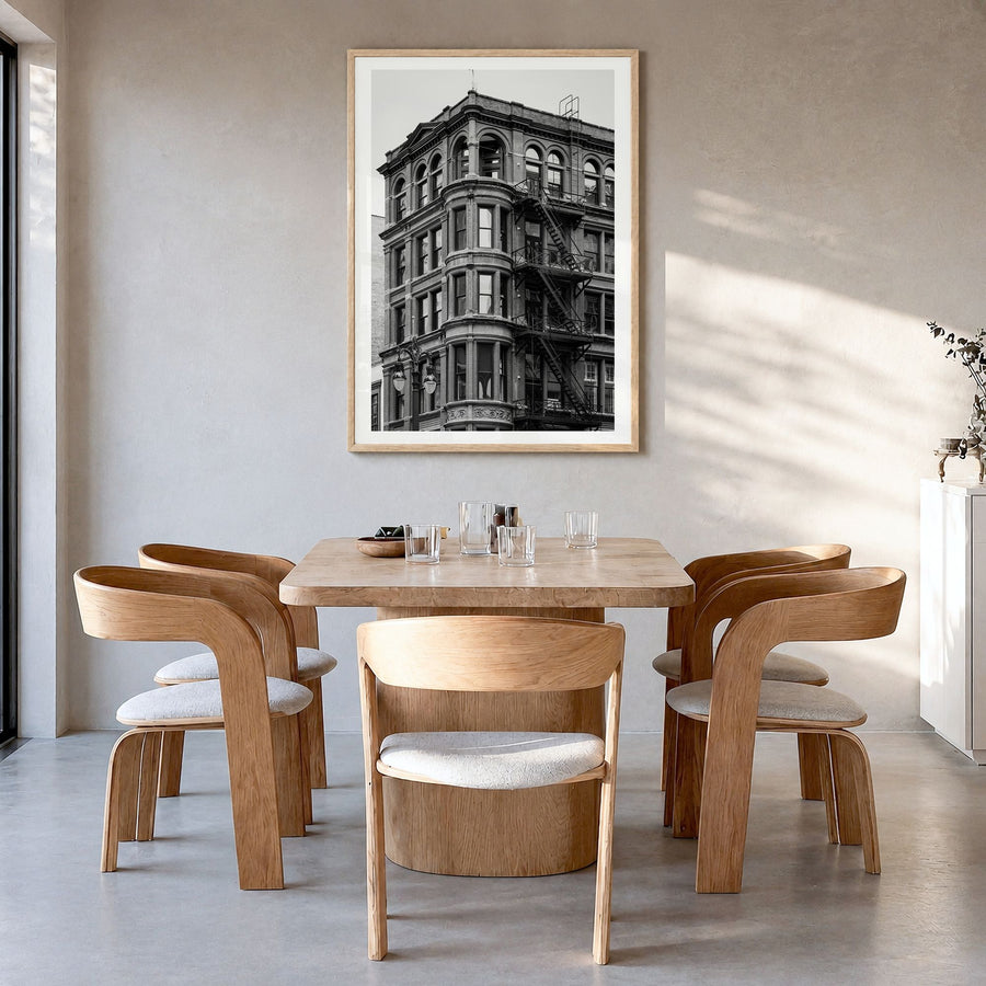 Detroit Photo No 3 Poster in a natural wood frame, hanging in a dining room, white border