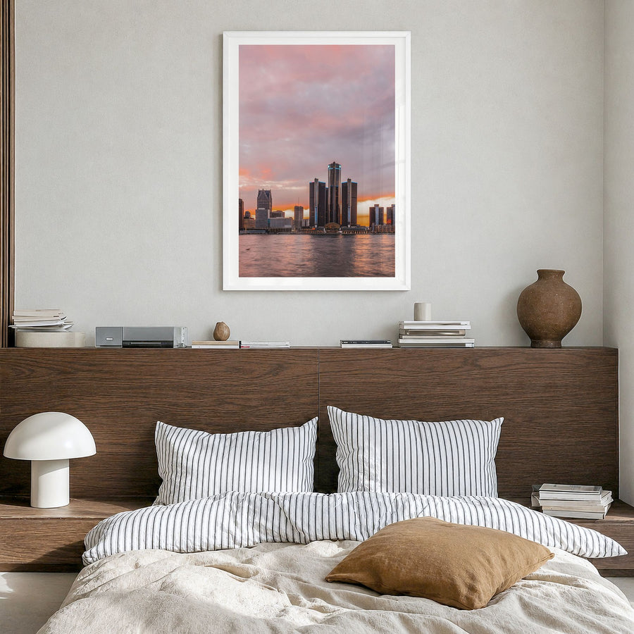 Detroit Photo No 2 Poster in a white wood frame, hanging in a bedroom, white border