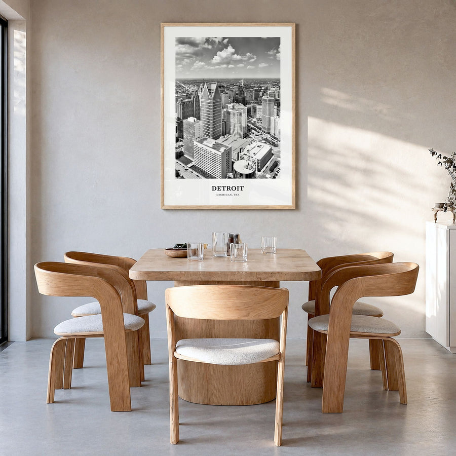 Detroit Classic No 3 Poster in a natural wood frame, hanging in a dining room