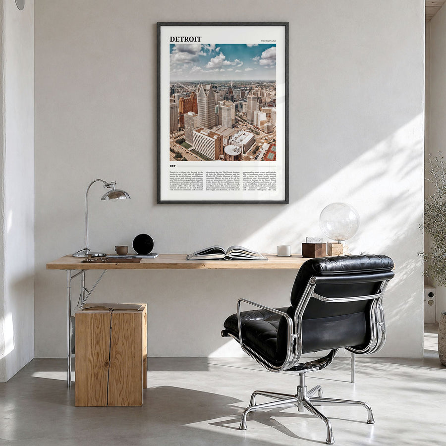 Detroit Travel Poster in a black wood frame, hanging in a bright home office