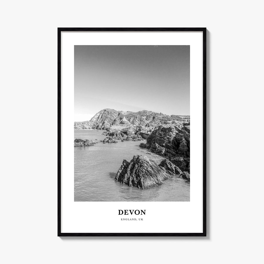 Devon black & white classic poster of England, UK – vertical wall art, unframed print shown in interior mockup