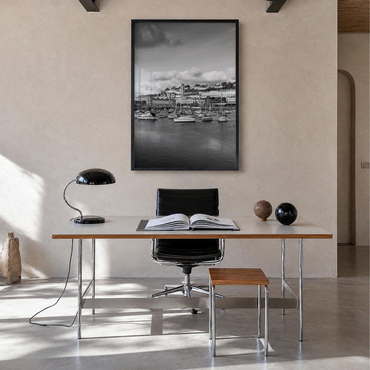 Devon black & white photo poster of England, UK – vertical wall art in black wood frame, hanging on wall