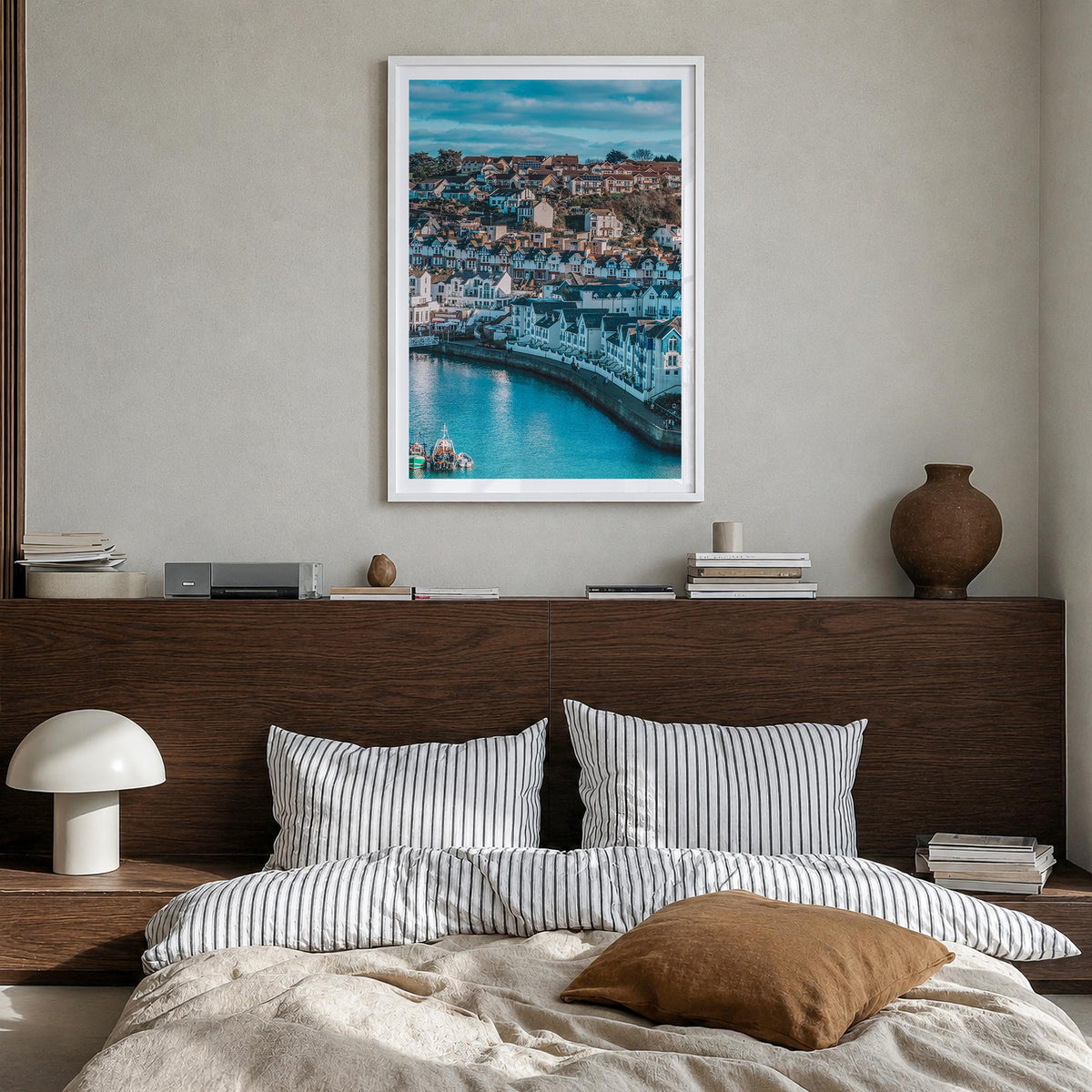 Devon colorful photo poster of England, UK – vertical wall art in white wood frame with white border, hanging on wall