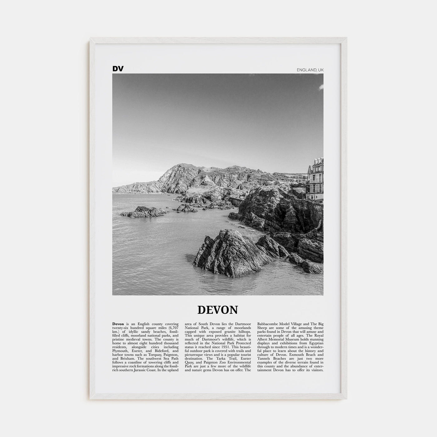 Devon Poster White Wood / 8x12 in Nbourhood Travel B&W Poster