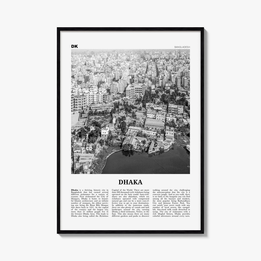 Dhaka black & white newspaper poster of Bangladesh – vertical wall art, unframed print shown in interior mockup