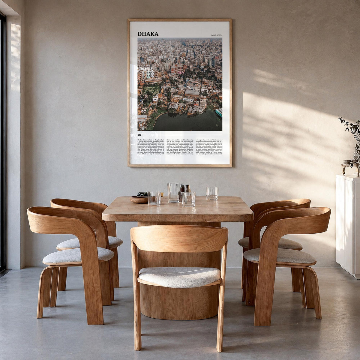Dhaka colorful travel poster of Bangladesh – vertical wall art in natural wood frame, hanging on wall