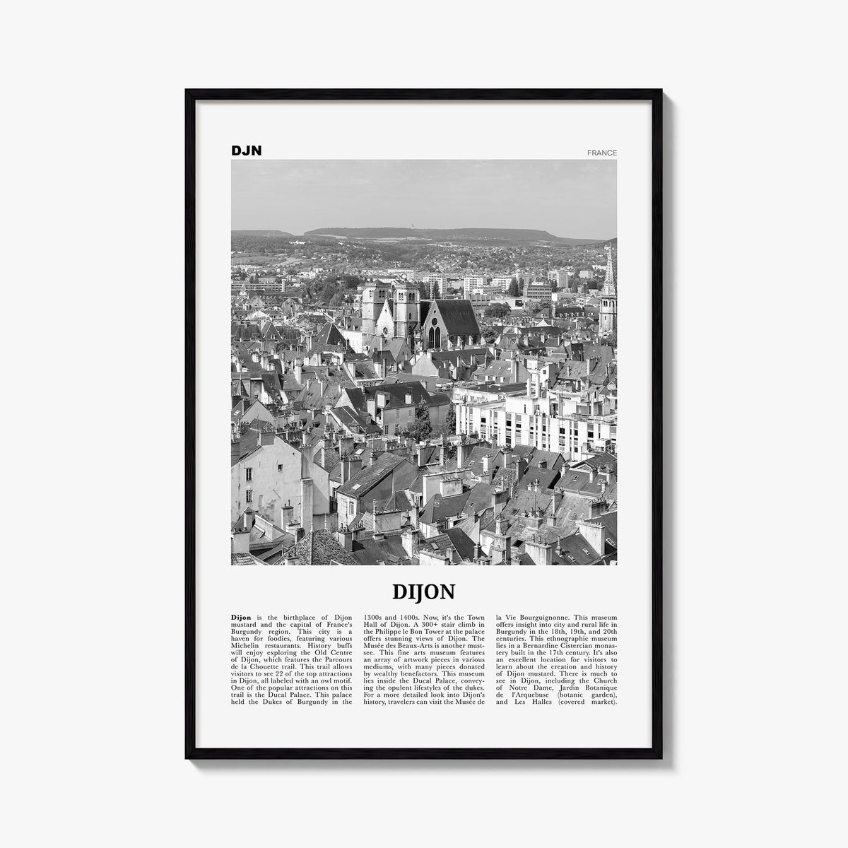 Dijon black & white newspaper poster of France – vertical wall art, unframed print shown in interior mockup