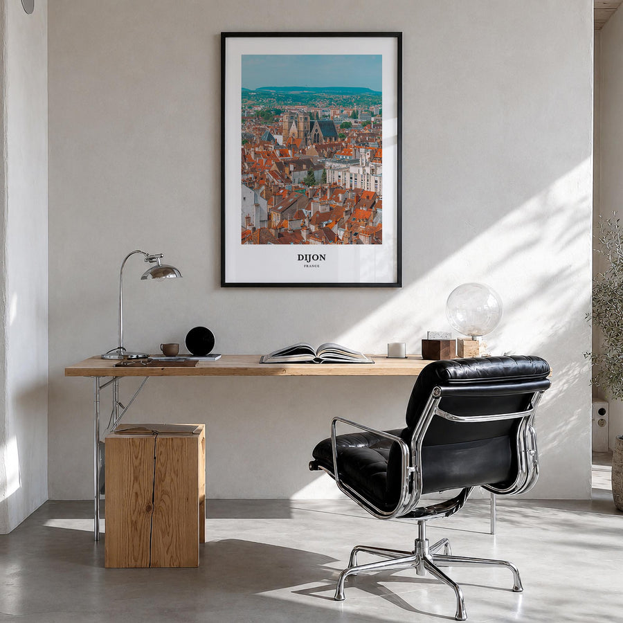 Dijon colorful classic poster of France – vertical wall art in black wood frame, hanging on wall