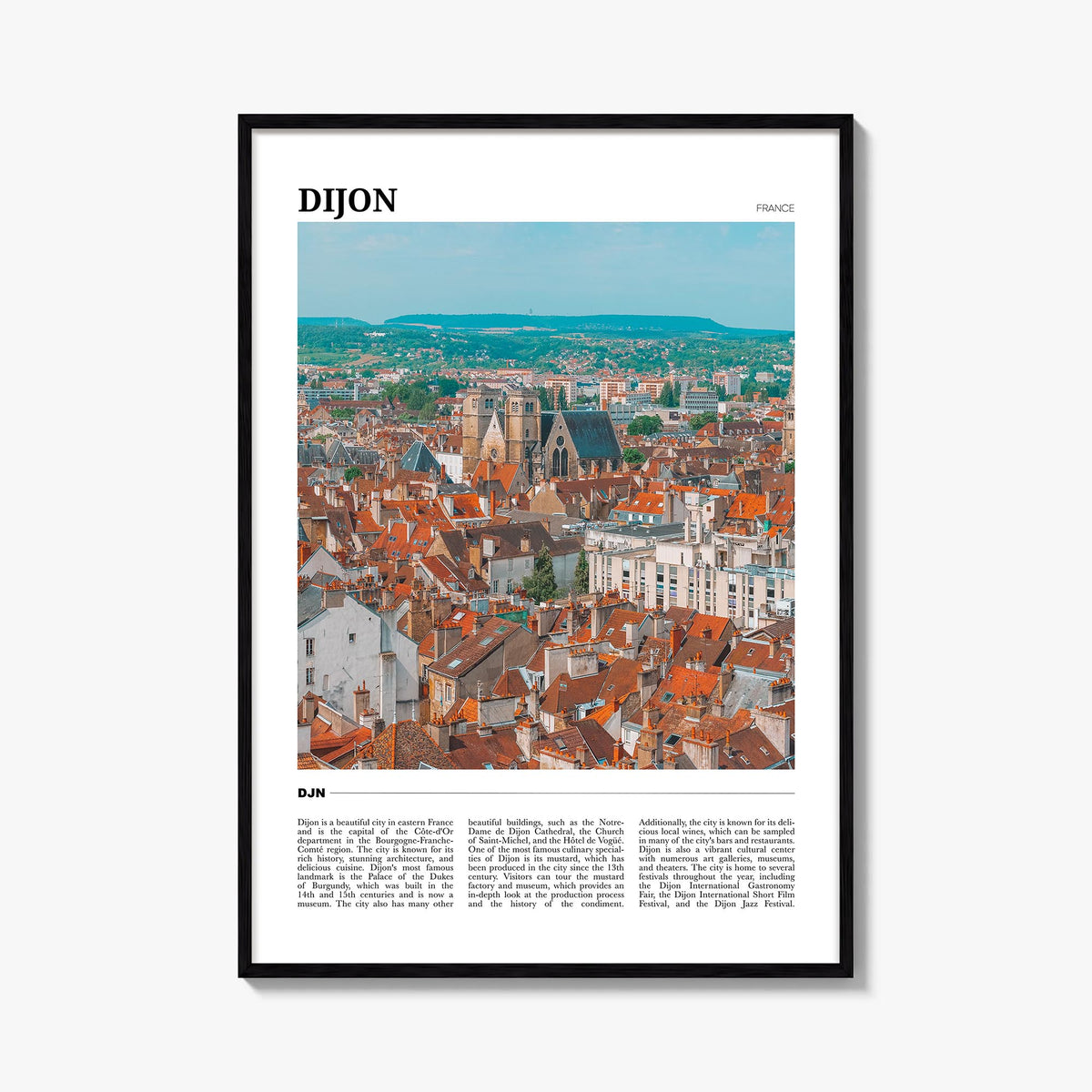 Dijon colorful travel poster of France – vertical wall art, unframed print shown in interior mockup