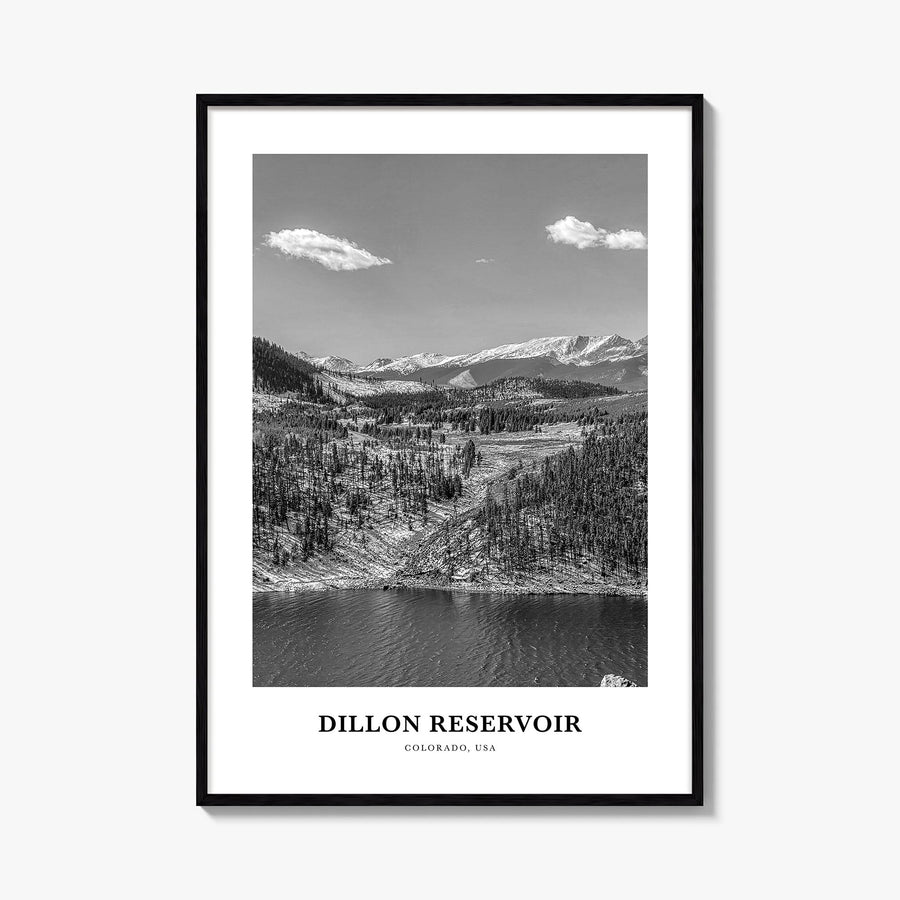Dillon Reservoir black & white classic poster of Colorado, USA – vertical wall art, unframed print shown in interior mockup