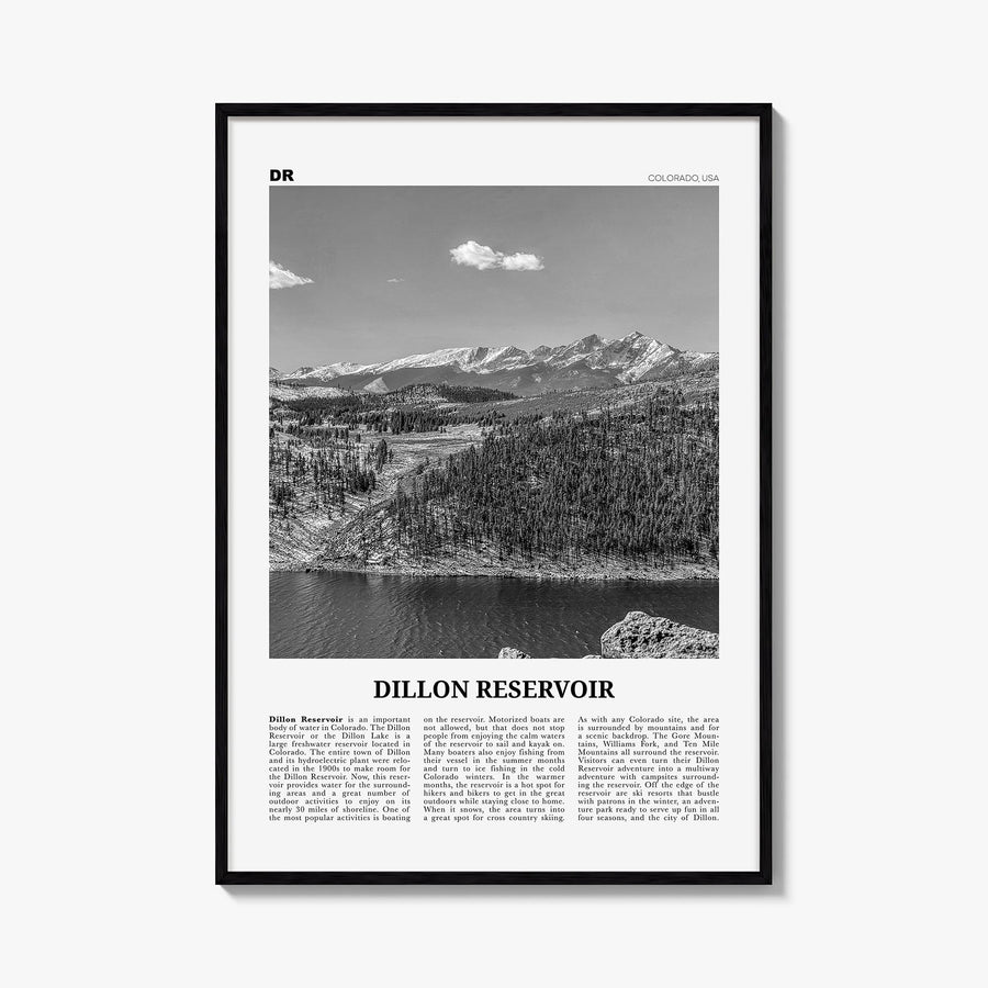 Dillon Reservoir black & white newspaper poster of Colorado, USA – vertical wall art, unframed print shown in interior mockup