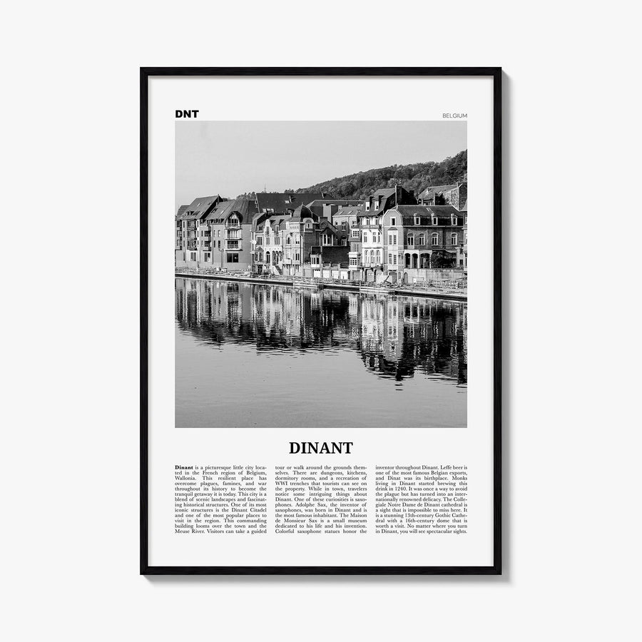 Dinant black & white newspaper poster of Belgium – vertical wall art, unframed print shown in interior mockup