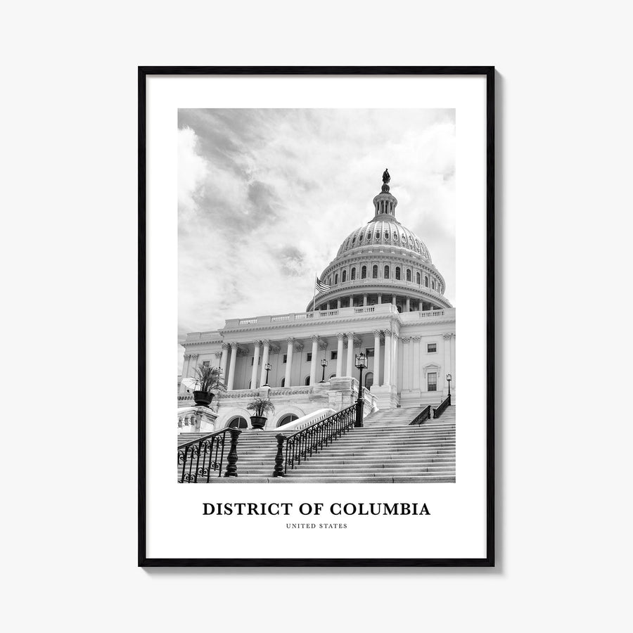 District of Columbia black & white classic poster of USA – vertical wall art, unframed print shown in interior mockup