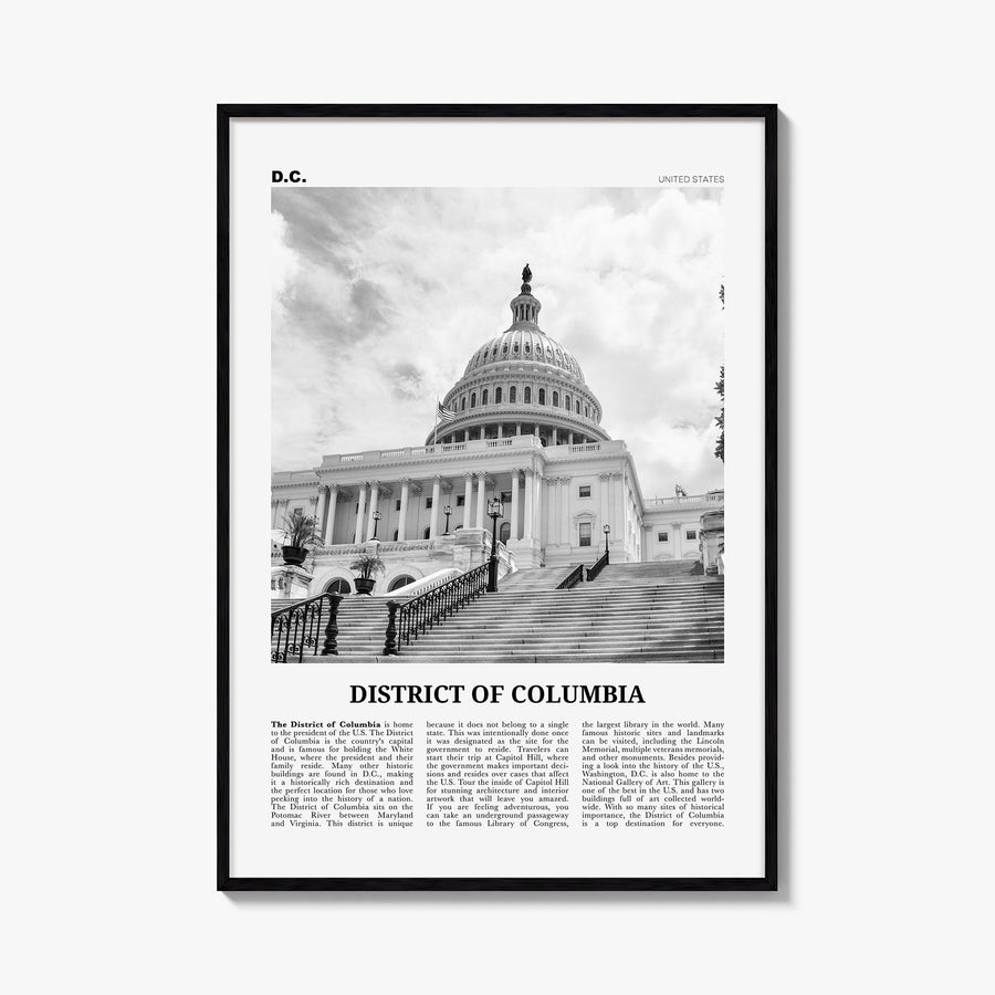 District of Columbia black & white newspaper poster of USA – vertical wall art, unframed print shown in interior mockup
