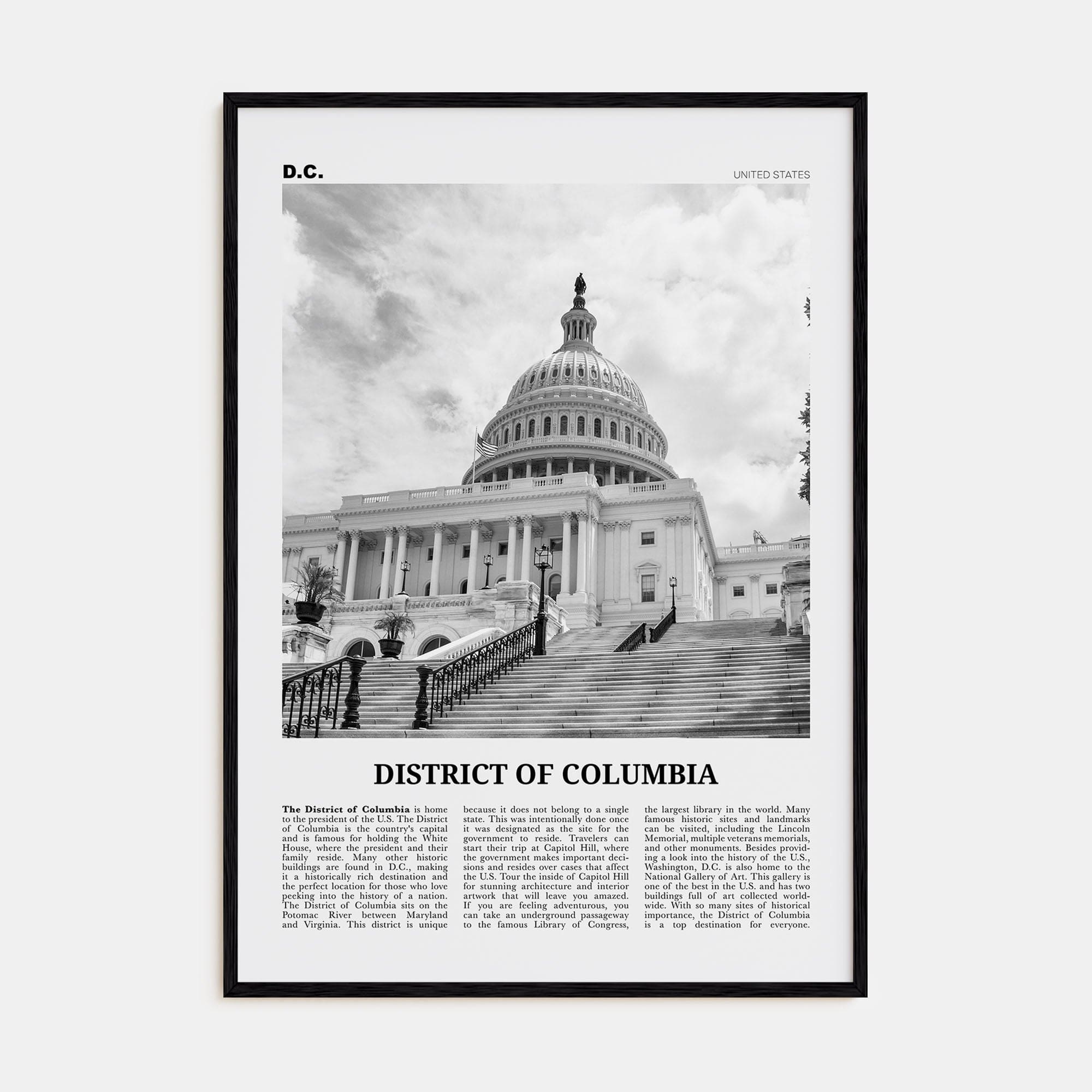 District of Columbia Poster Black Wood / 8x12 in Nbourhood Travel B&W Poster