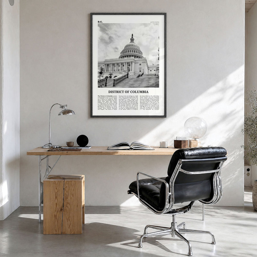 District of Columbia Newspaper Poster in a black wood frame, hanging in a bright home office