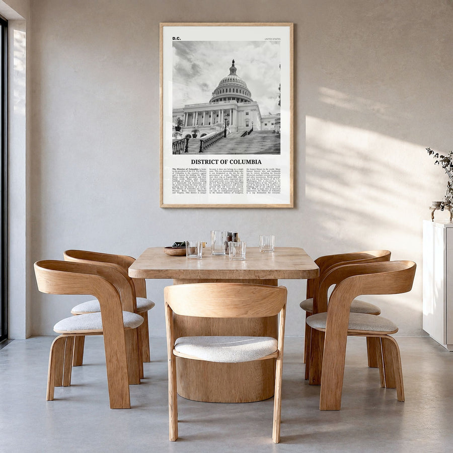 District of Columbia Newspaper Poster in a natural wood frame, hanging in a dining room