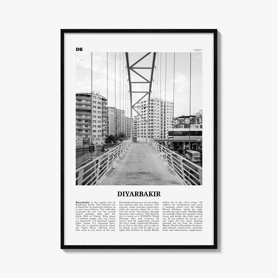 Diyarbakır black & white newspaper poster of Türkiye – vertical wall art, unframed print shown in interior mockup