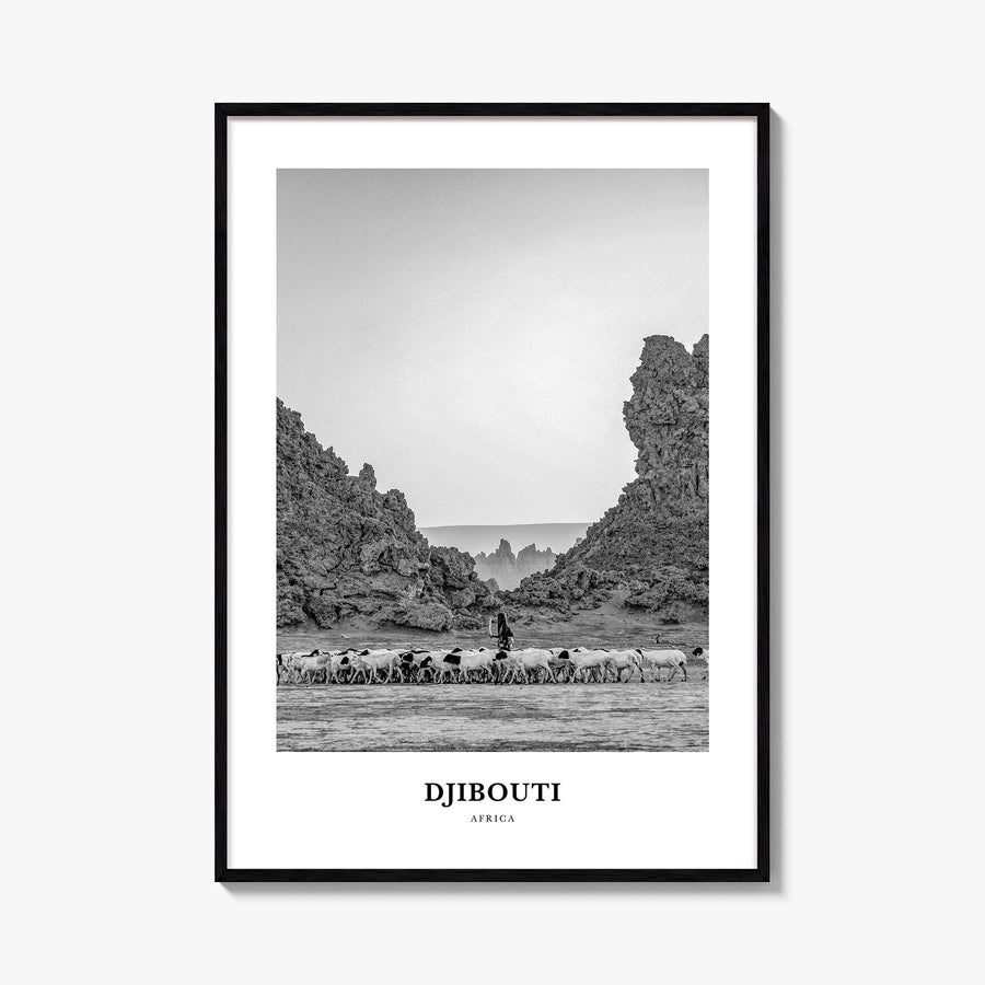 Djibouti black & white classic poster of Africa – vertical wall art, unframed print shown in interior mockup