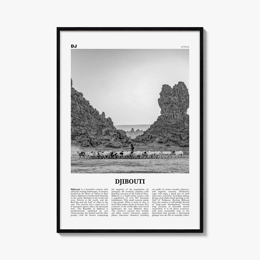 Djibouti black & white newspaper poster of Africa – vertical wall art, unframed print shown in interior mockup