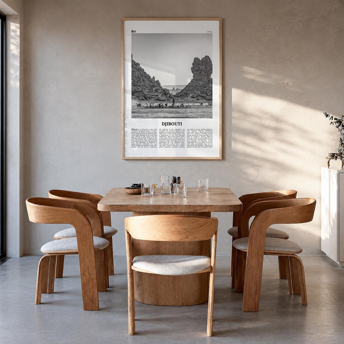 Djibouti black & white newspaper poster of Africa – vertical wall art in natural wood frame, hanging on wall