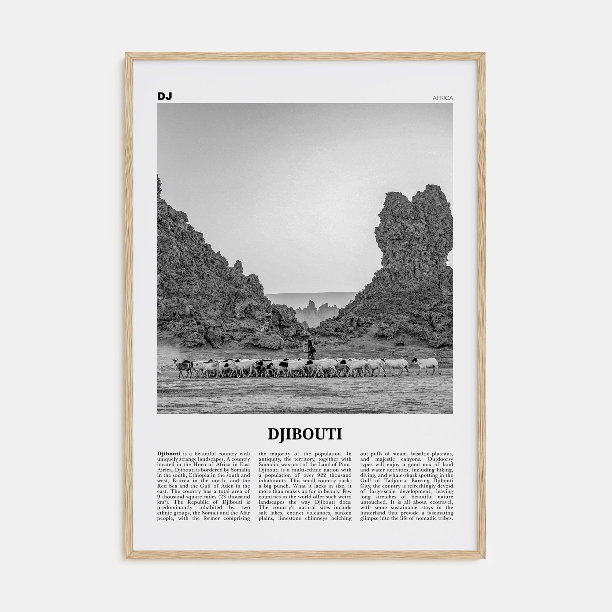 Djibouti Poster Natural Wood / 8x12 in Nbourhood Travel B&W Poster