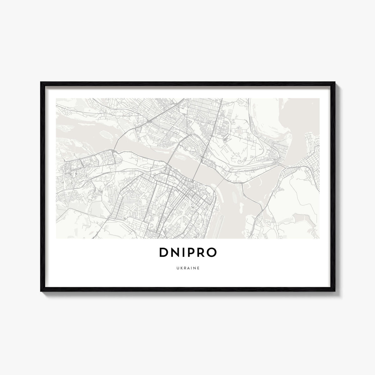 Dnipro black & white map poster of Ukraine – horizontal wall art, unframed print shown in interior mockup