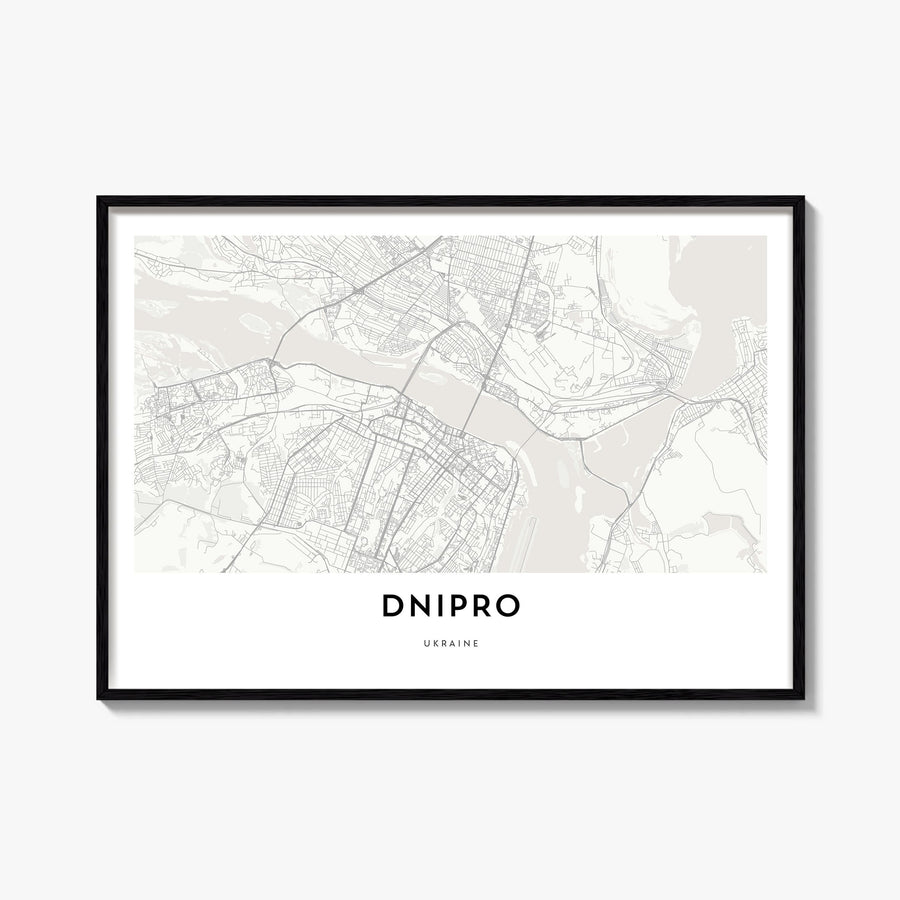 Dnipro black & white map poster of Ukraine – horizontal wall art, unframed print shown in interior mockup