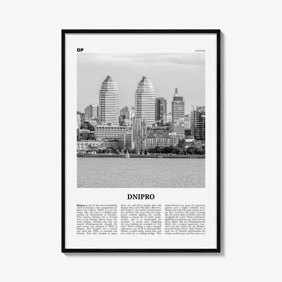 Dnipro black & white newspaper poster of Ukraine – vertical wall art, unframed print shown in interior mockup