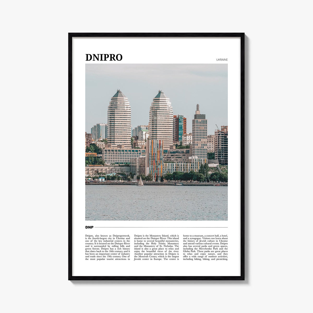 Dnipro colorful travel poster of Ukraine – vertical wall art, unframed print shown in interior mockup