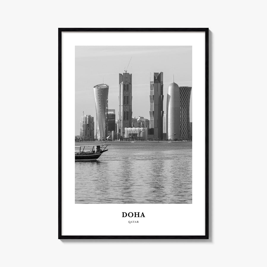 Doha black & white classic poster of Qatar – vertical wall art, unframed print shown in interior mockup
