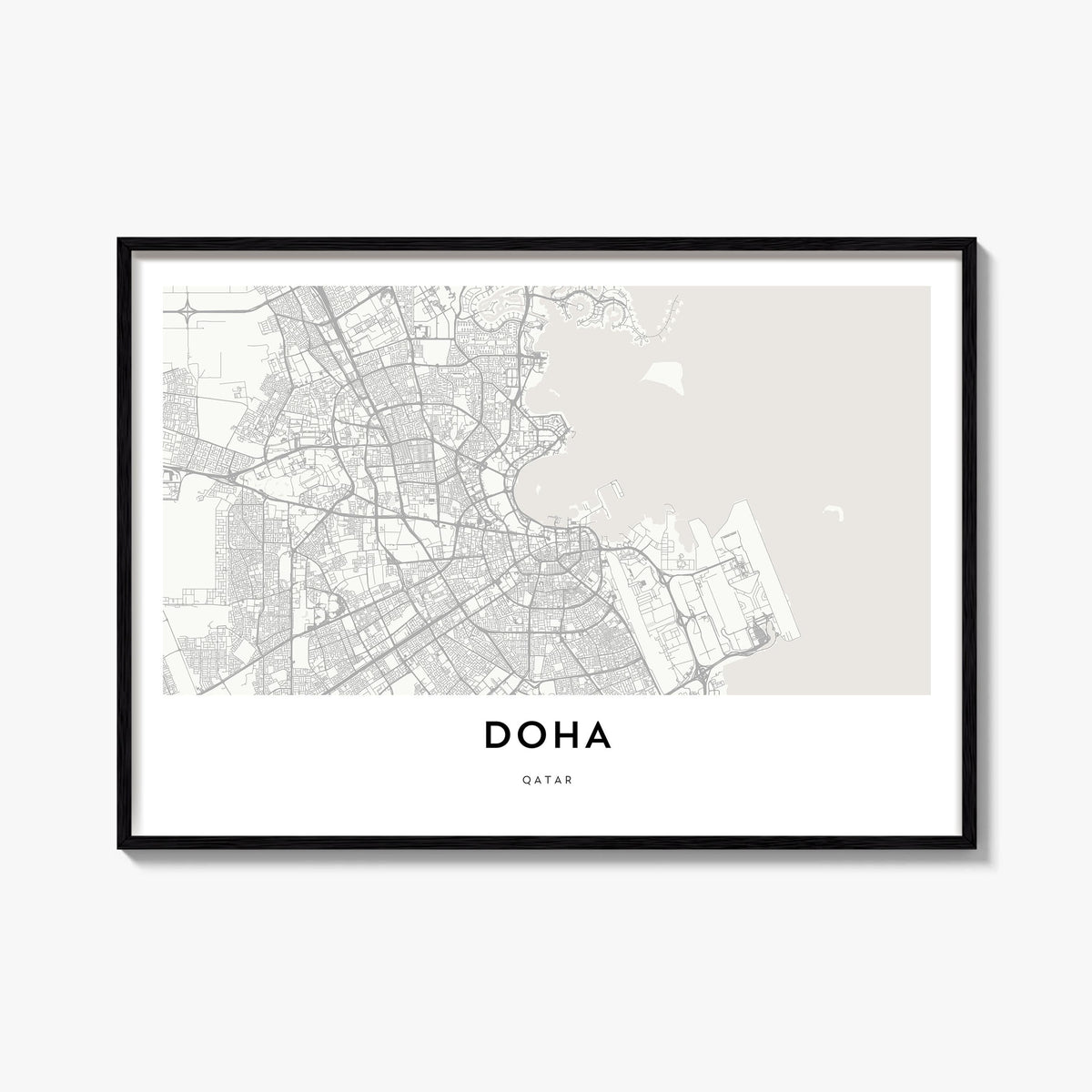 Doha black & white map poster of Qatar – horizontal wall art, unframed print shown in interior mockup