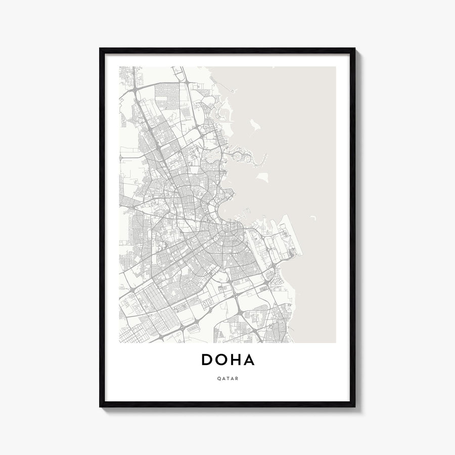 Doha black & white map poster of Qatar – vertical wall art, unframed print shown in interior mockup