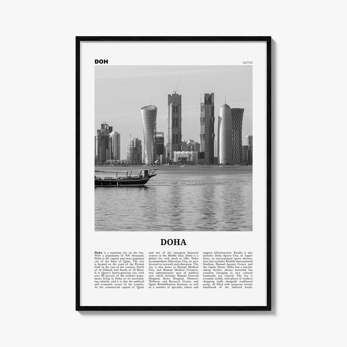 Doha black & white newspaper poster of Qatar – vertical wall art, unframed print shown in interior mockup