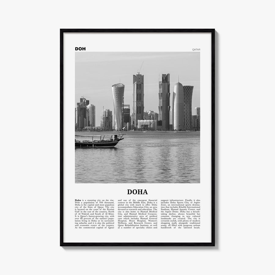 Doha black & white newspaper poster of Qatar – vertical wall art, unframed print shown in interior mockup